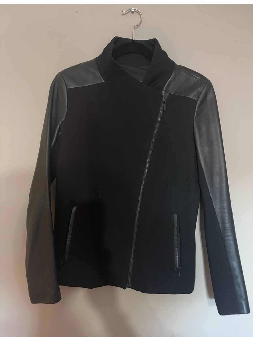 Danier Black Mixed-Media Asymmetrical Zip Leather Jacket